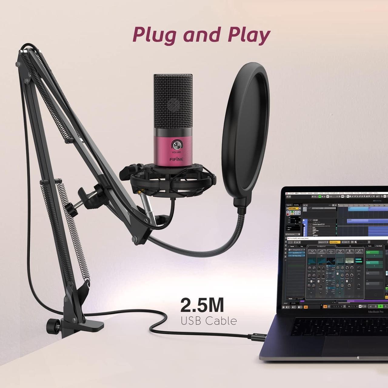 Alt view image 4 of 7 - FIFINE Podcast Microphone Kit-USB PC Computer Recording Microphone, Condenser Mic Set for Streaming, Gaming, Voice-Over, Meeting, with Arm Stand, Shock Mount, Pop Filter-T669 Rose Red