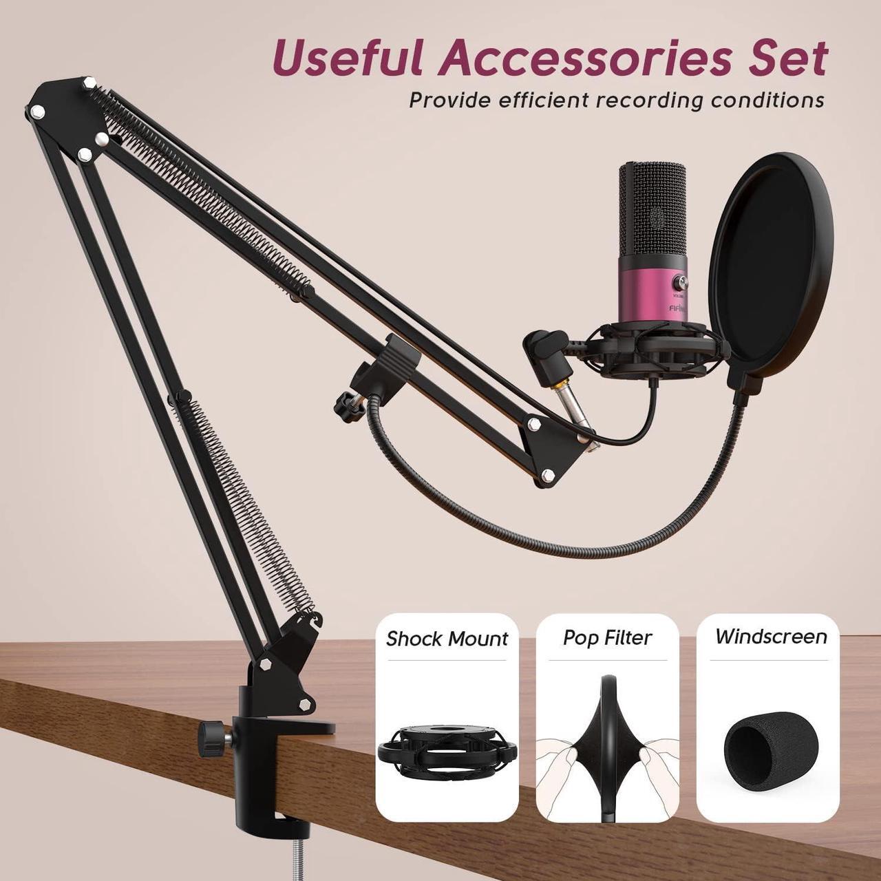 Alt view image 6 of 7 - FIFINE Podcast Microphone Kit-USB PC Computer Recording Microphone, Condenser Mic Set for Streaming, Gaming, Voice-Over, Meeting, with Arm Stand, Shock Mount, Pop Filter-T669 Rose Red
