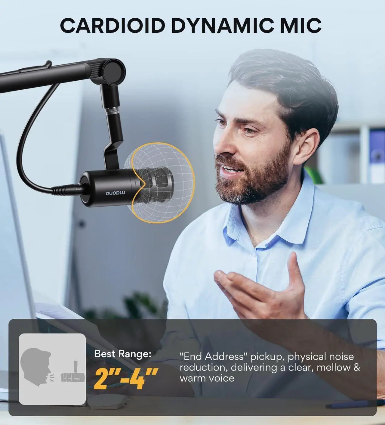 Alt view image 4 of 7 - MAONO XLR Podcast Microphone, Cardioid Studio Dynamic Mic for Vocal Recording, Streaming, Voice-Over, Voice Isolation Technology, Metal Mic, Works for Audio Interface, Mixer, Sound Card-PD100