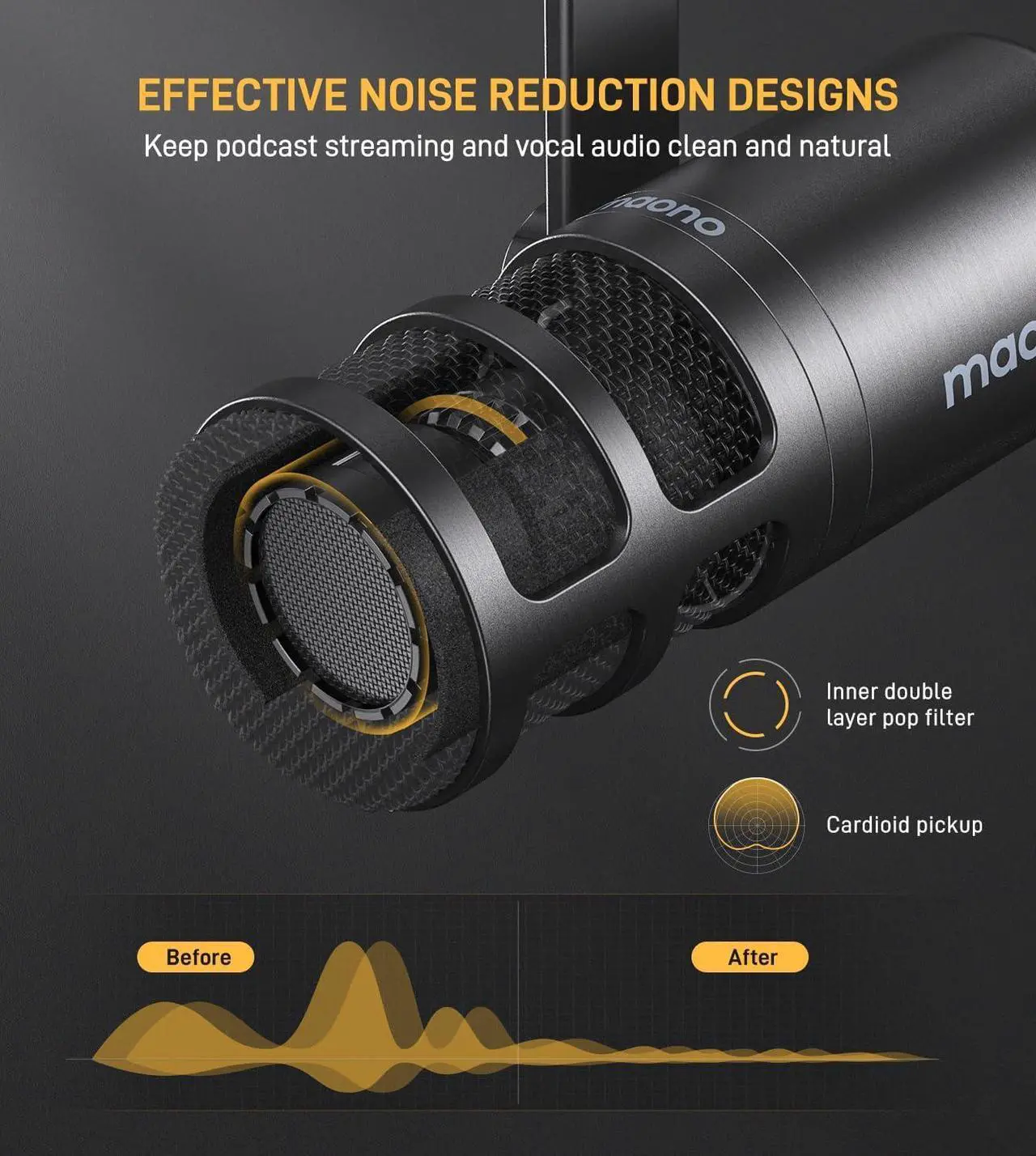 Alt view image 3 of 7 - XLR Podcast Dynamic Microphone, Cardioid Studio Mic with Boom Arm for Vocal Recording,Streaming,Gaming, Voice Isolation Technology, Metal Mic, Works for Audio Interface, Mixer-PD100S