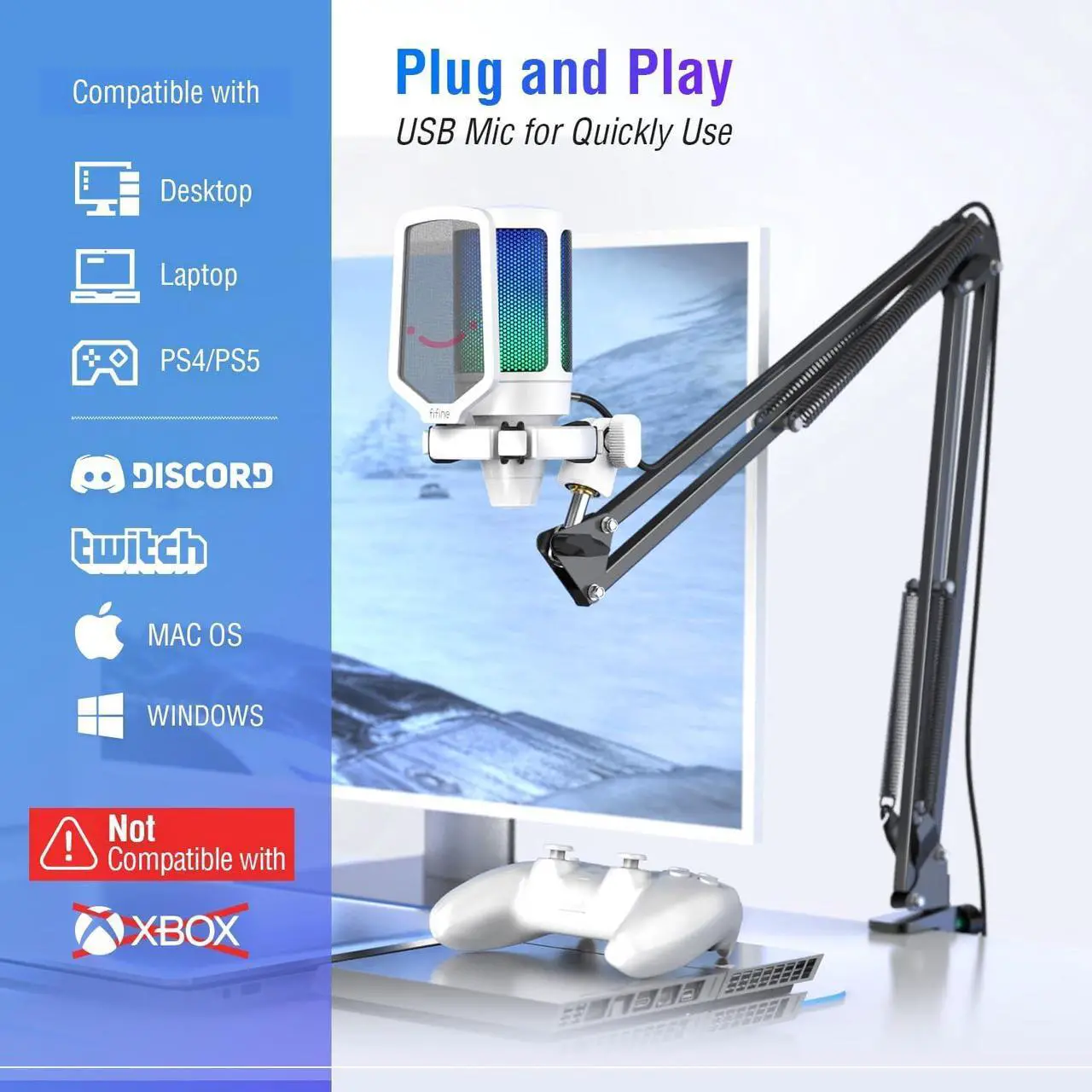 Alt view image 5 of 7 - FIFINE Streaming Gaming USB Microphone Kit, PC Condenser RGB Mic Compatible with PS4/PS5, Plug and Play for Music Recording, Online Game, Discord, Twitch, with Pop Filter, Shock Mount-A6T White