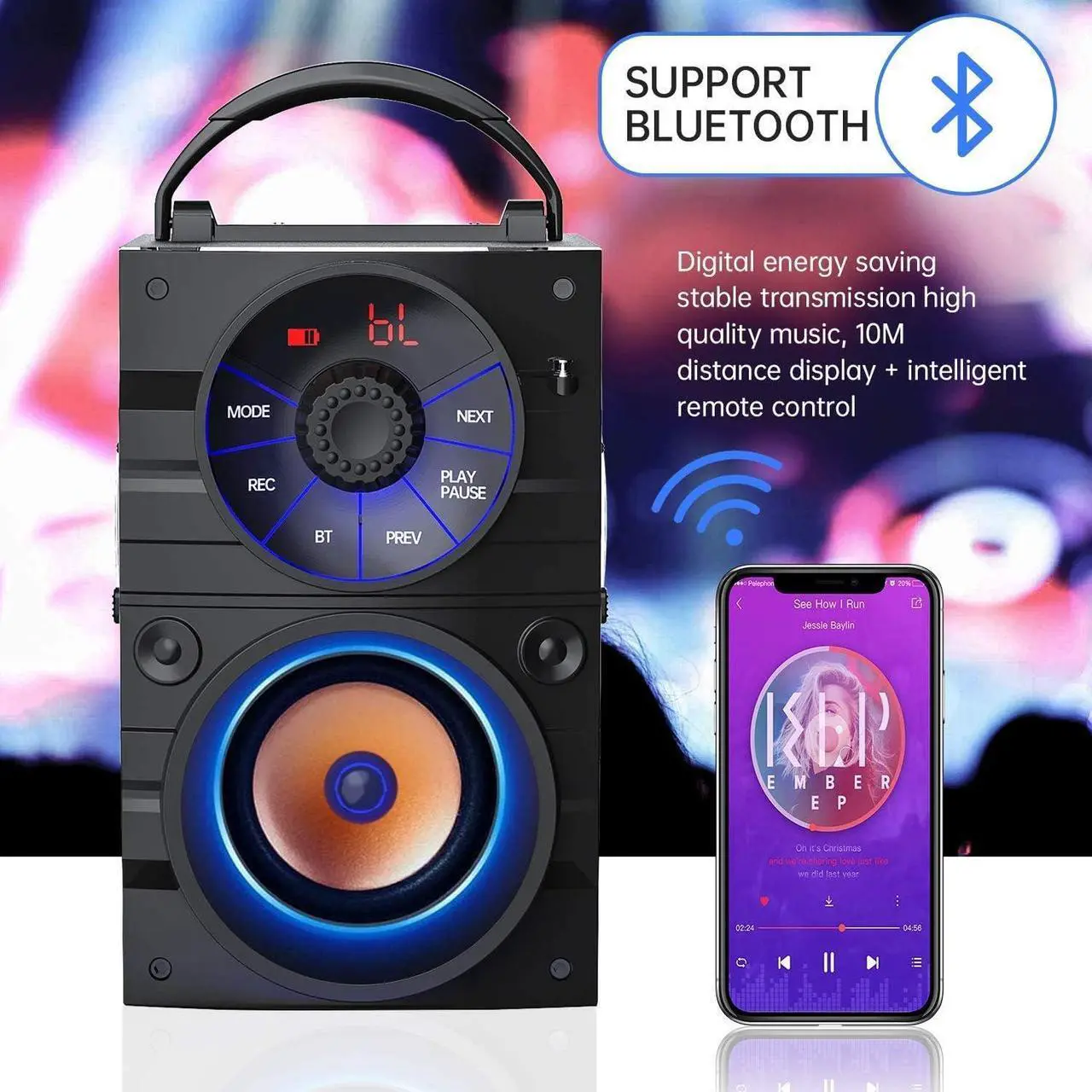 Alt view image 4 of 7 - Portable Bluetooth Party Speaker with Subwoofer, Heavy Bass, Wireless, FM Radio, Remote Control, LCD Display - for Outdoor/Indoor, Home, Phone, PC