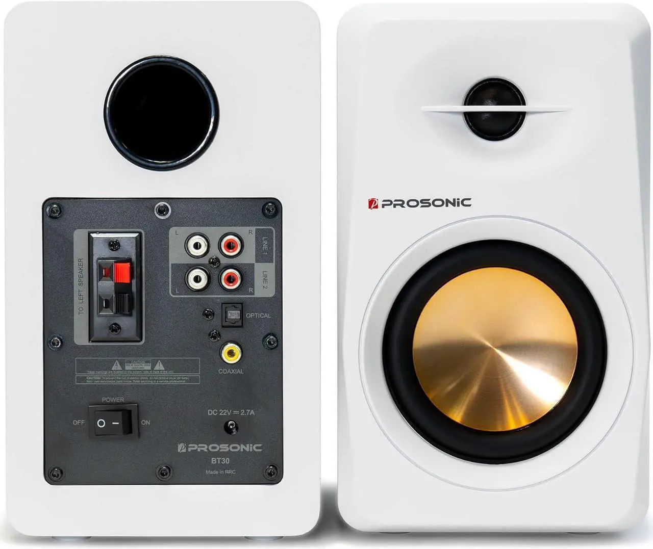 Alt view image 2 of 7 - Prosonic BT30 (2023 version) Active Powered Bluetooth Bookshelf Speakers, Studio Monitor, Home Theater, Turntable with Optical Input, Coaxial Input, 2X RCA Aux Line Input, 80 Watts, (White)