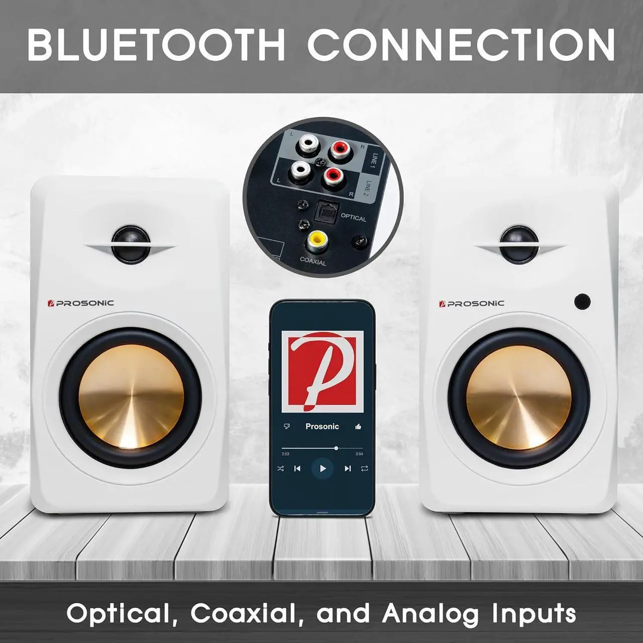 Alt view image 4 of 7 - Prosonic BT30 (2023 version) Active Powered Bluetooth Bookshelf Speakers, Studio Monitor, Home Theater, Turntable with Optical Input, Coaxial Input, 2X RCA Aux Line Input, 80 Watts, (White)