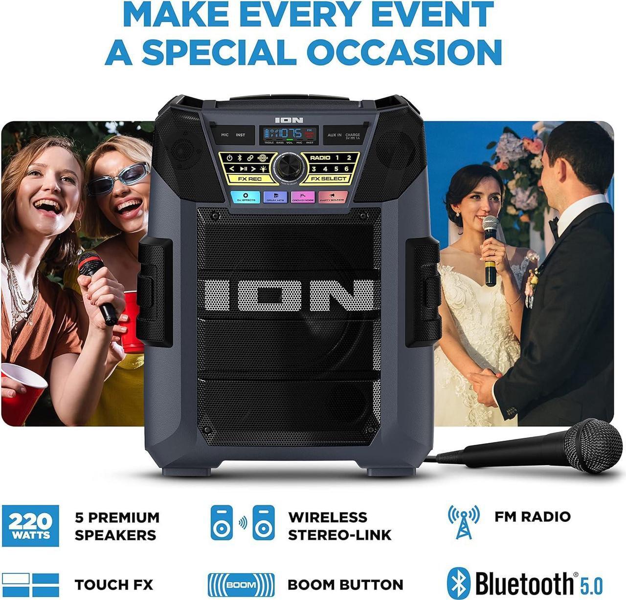 Alt view image 2 of 7 - ION Block Rocker XL - Portable Bluetooth Outdoor Party Speaker, 220W, with Karaoke Microphone, Battery, 5 Speakers, Lights, Radio, USB Charging & App