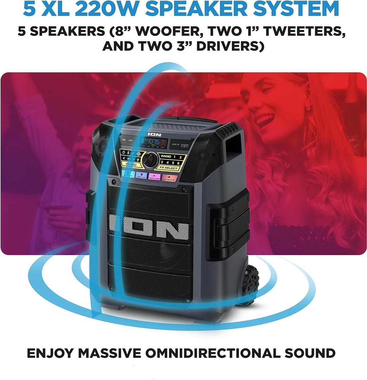Alt view image 3 of 7 - ION Block Rocker XL - Portable Bluetooth Outdoor Party Speaker, 220W, with Karaoke Microphone, Battery, 5 Speakers, Lights, Radio, USB Charging & App