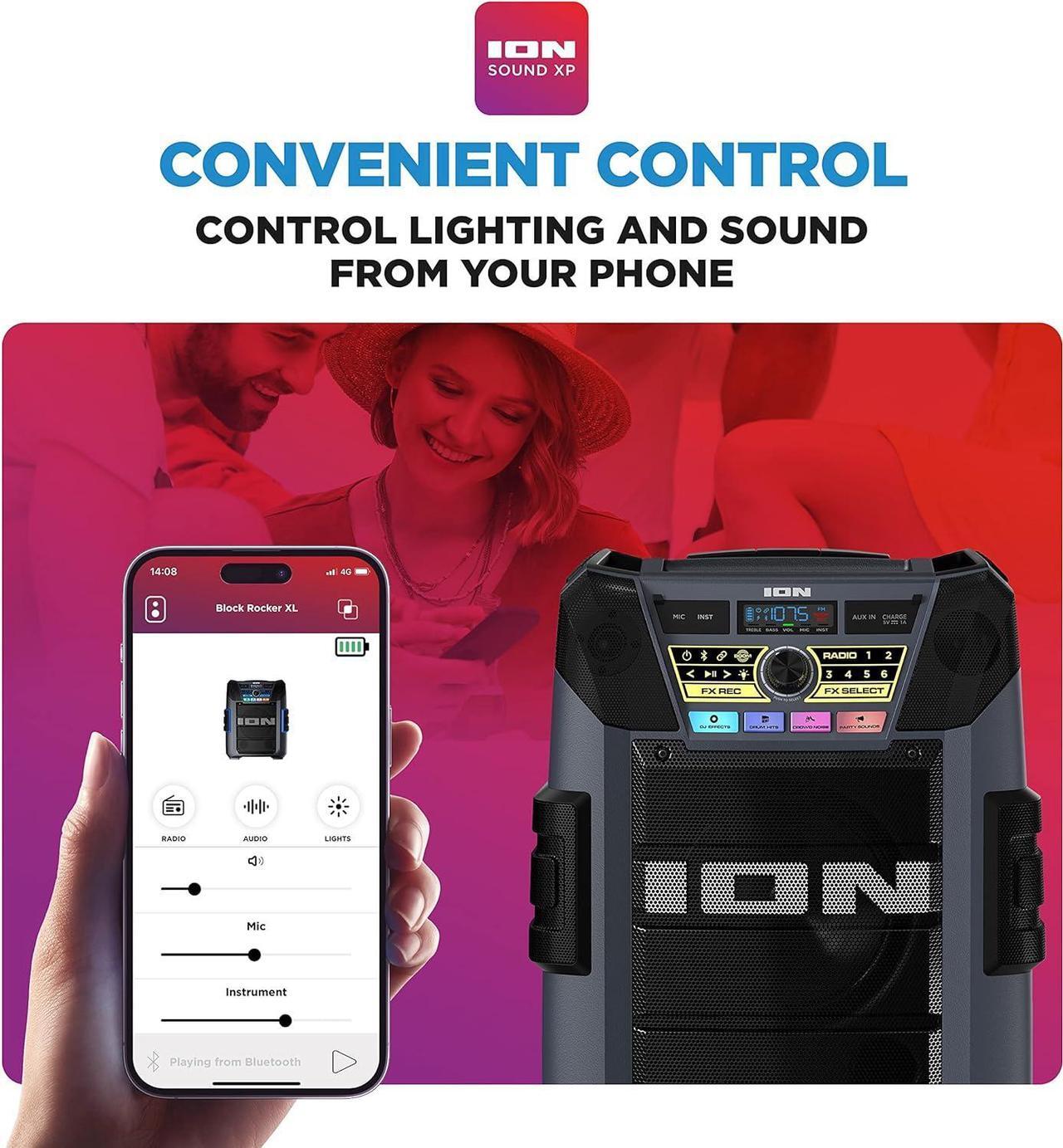 Alt view image 5 of 7 - ION Block Rocker XL - Portable Bluetooth Outdoor Party Speaker, 220W, with Karaoke Microphone, Battery, 5 Speakers, Lights, Radio, USB Charging & App