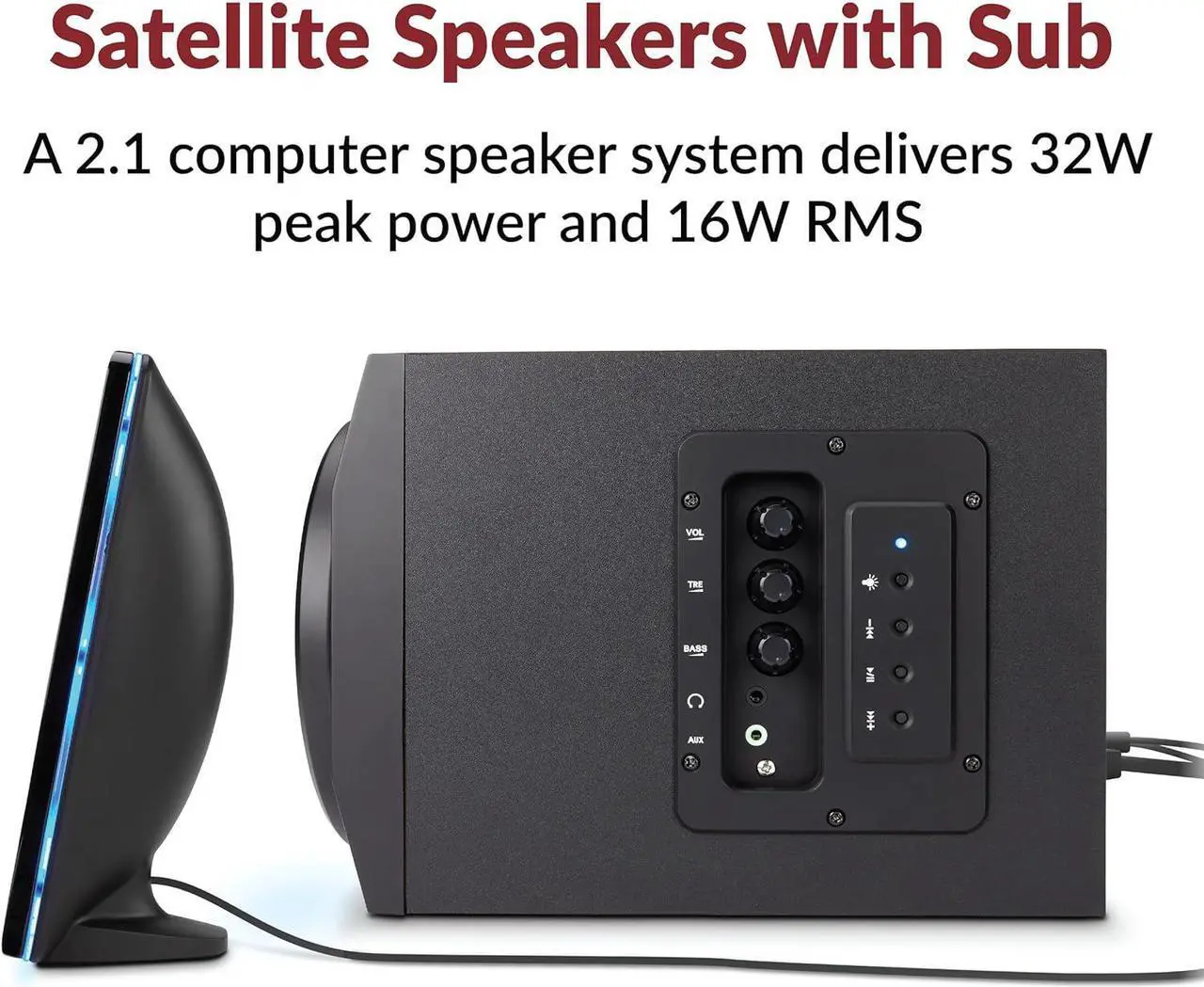 Alt view image 2 of 7 - Cyber Acoustics CA-SP34BT Bluetooth Speakers with LED Lights  The Perfect Gaming, Movie, Party, Multimedia 2.1 Subwoofer Speaker System, Black