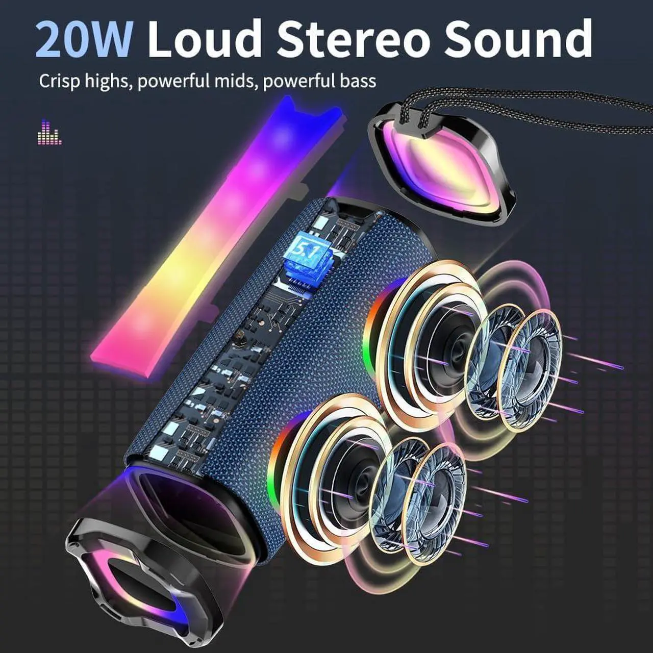 Alt view image 2 of 7 - Portable Bluetooth Speaker, 20W HD Stereo Sound Wireless Speaker, 18H Playtime Bluetooth Speakers with RGB Flashing Lights, Bluetooth 5.1, IPX7 Waterproof Speakers for Travel/Home/Outdoors Blue