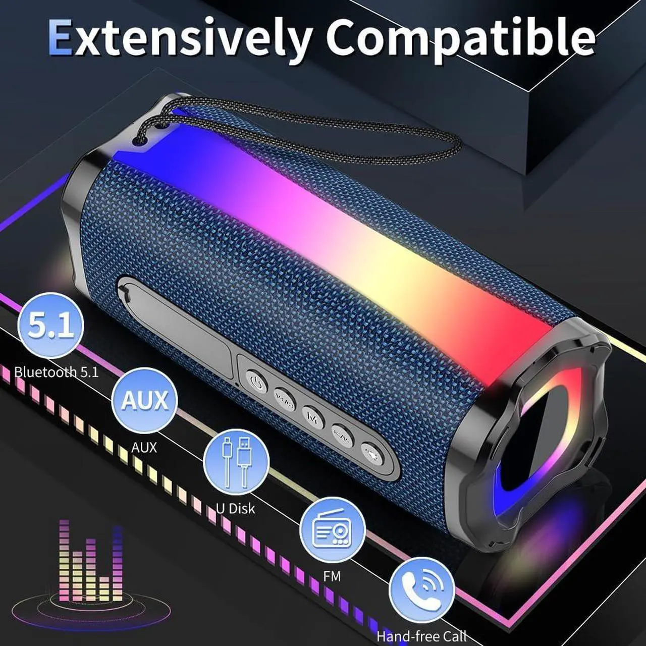Alt view image 3 of 7 - Portable Bluetooth Speaker, 20W HD Stereo Sound Wireless Speaker, 18H Playtime Bluetooth Speakers with RGB Flashing Lights, Bluetooth 5.1, IPX7 Waterproof Speakers for Travel/Home/Outdoors Blue