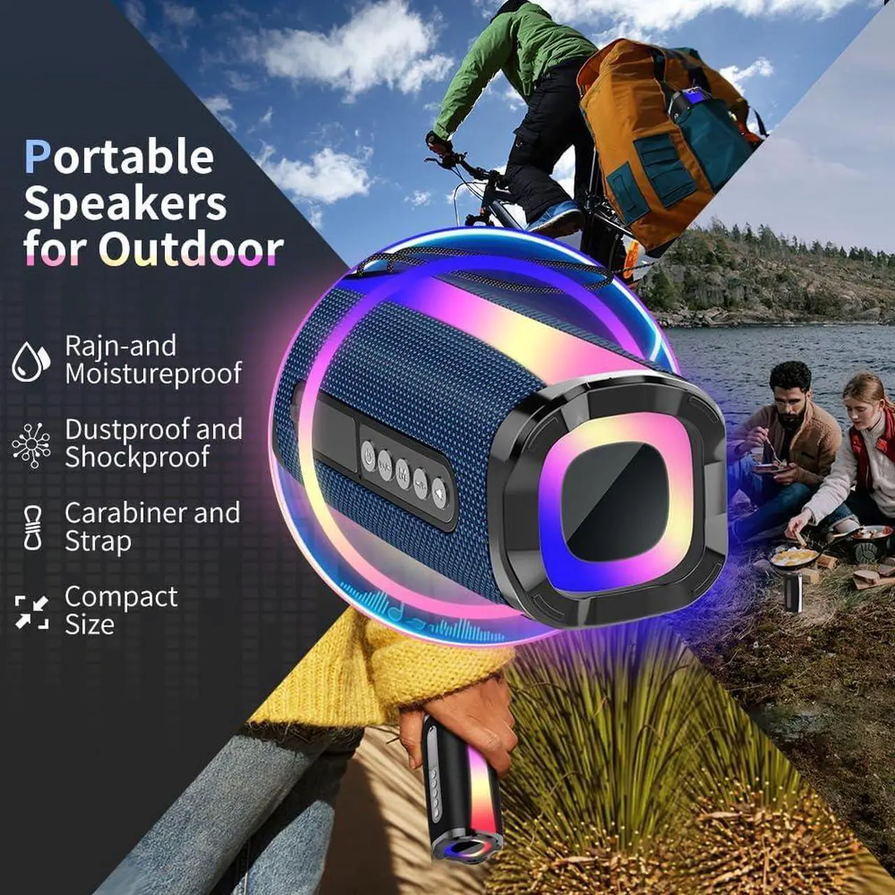 Alt view image 4 of 7 - Portable Bluetooth Speaker, 20W HD Stereo Sound Wireless Speaker, 18H Playtime Bluetooth Speakers with RGB Flashing Lights, Bluetooth 5.1, IPX7 Waterproof Speakers for Travel/Home/Outdoors Blue