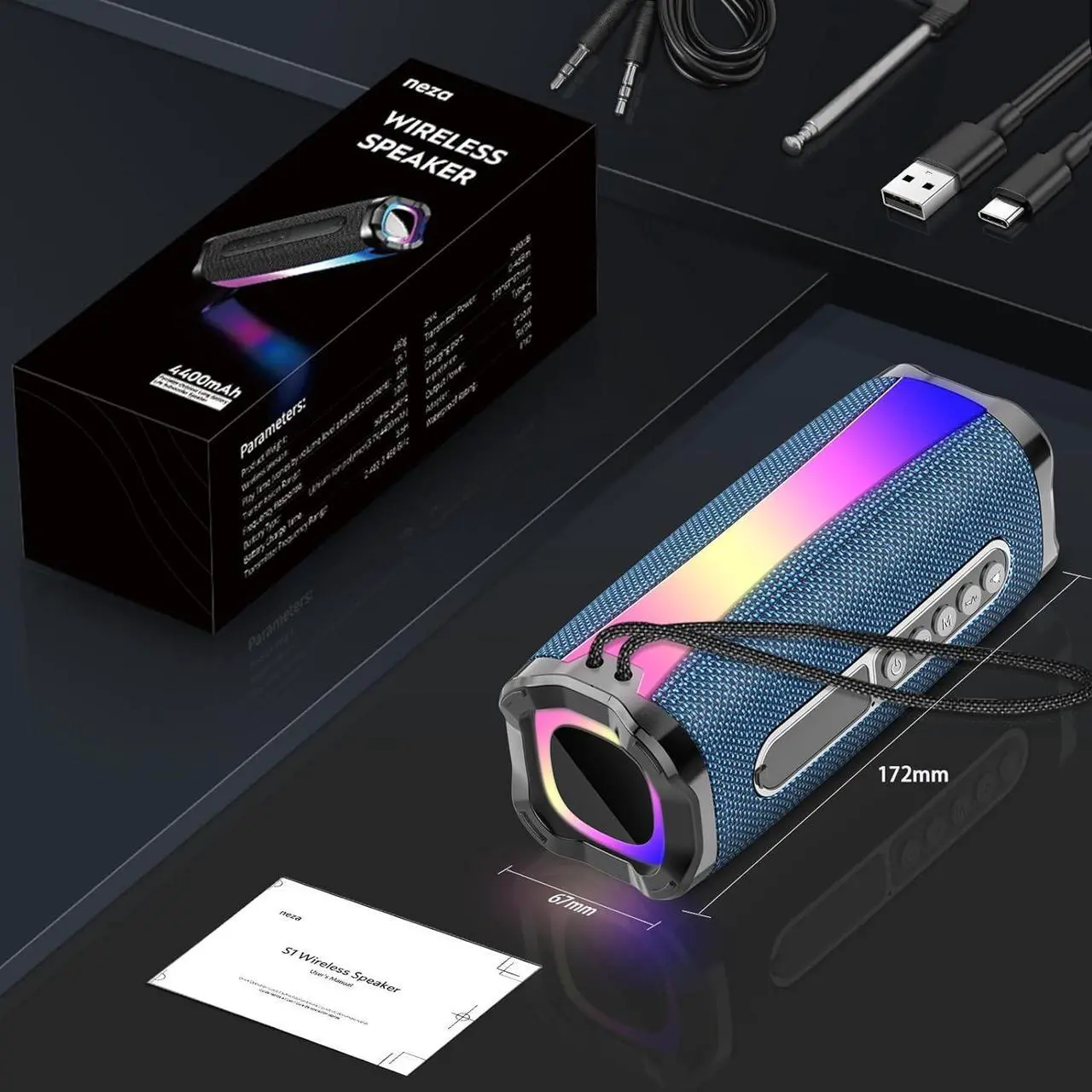 Alt view image 7 of 7 - Portable Bluetooth Speaker, 20W HD Stereo Sound Wireless Speaker, 18H Playtime Bluetooth Speakers with RGB Flashing Lights, Bluetooth 5.1, IPX7 Waterproof Speakers for Travel/Home/Outdoors Blue
