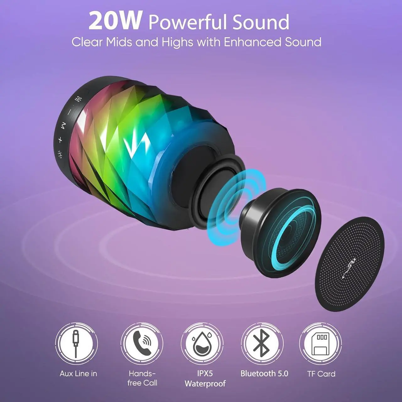 Alt view image 2 of 7 - LFS Bluetooth Speakers,Premium 20W Sound Portable Speakers Bluetooth Wireless,TWS Bluetooth 5.0 Outdoor Speakers with Stable Connection,LED Lights Waterproof Bluetooth Speaker,20H playtime