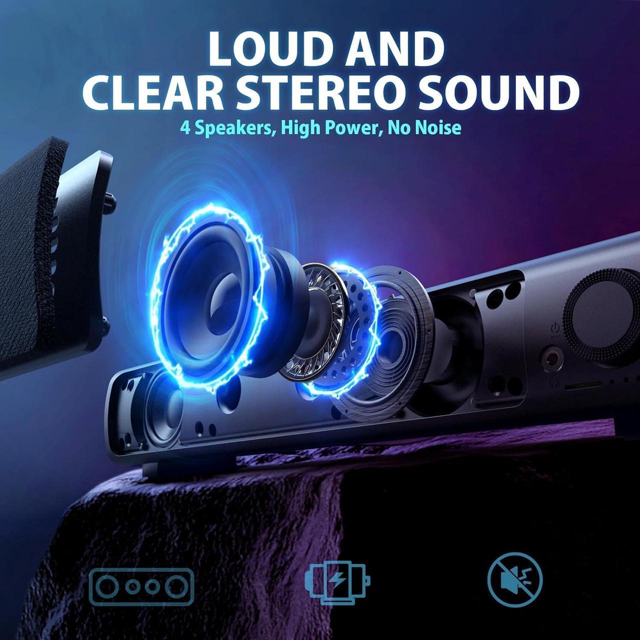 Alt view image 2 of 7 - Computer Speakers, USB Powered 3.5mm AUX PC Sound Bar for Desktop Monitor, Gaming Speakers with Headphones & Microphone Link, Superb Stereo Sound, Plug-n-Play (Black)