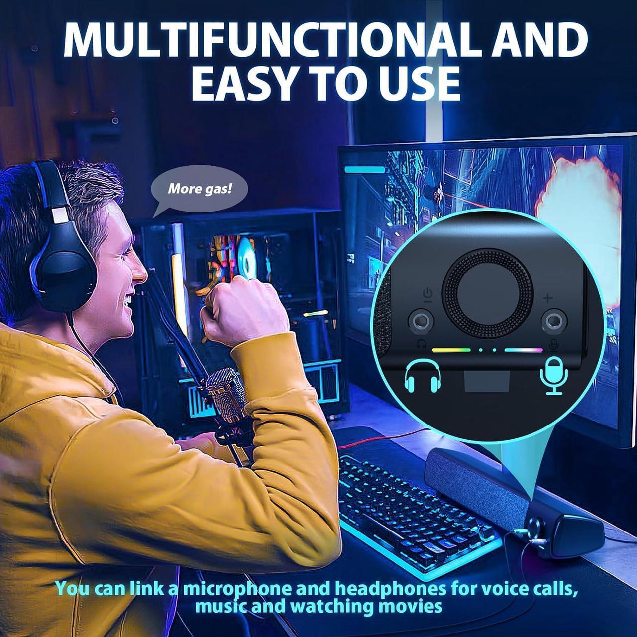 Alt view image 4 of 7 - Computer Speakers, USB Powered 3.5mm AUX PC Sound Bar for Desktop Monitor, Gaming Speakers with Headphones & Microphone Link, Superb Stereo Sound, Plug-n-Play (Black)