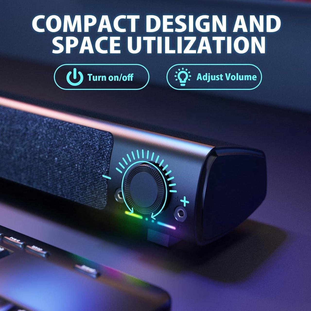 Alt view image 5 of 7 - Computer Speakers, USB Powered 3.5mm AUX PC Sound Bar for Desktop Monitor, Gaming Speakers with Headphones & Microphone Link, Superb Stereo Sound, Plug-n-Play (Black)
