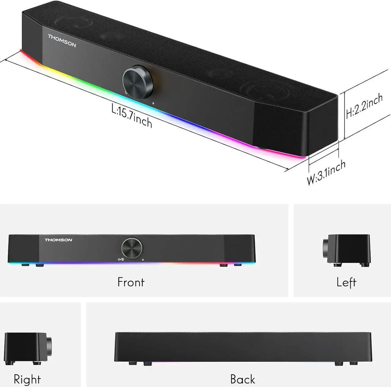 Alt view image 7 of 7 - Thomson Computer Speakers, Bluetooth Computer SoundBar, Dynamic RGB PC Speakers with 10W Stereo Sound, 3.5mm Aux-in Connection, USB Powered Computer Speakers for PC, Desktop Monitor, Laptop, Tablets