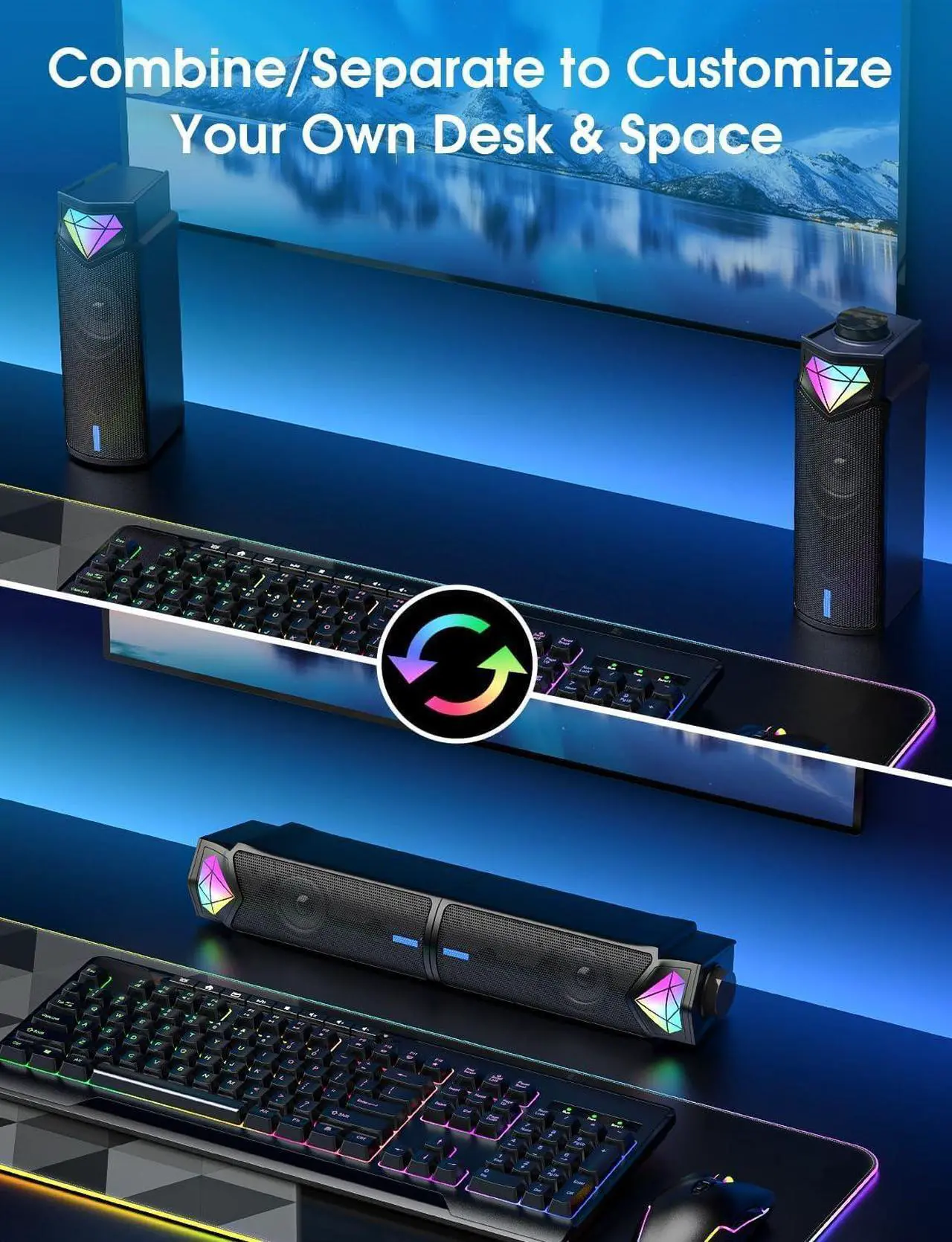 Alt view image 2 of 7 - Computer Speakers, Bluetooth Computer Sound Bar, Dual HiFi Stereo & Gradient RGB Lighting Laptop Soundbar, USB Powered Speakers for Desktop, Monitors, Phone, PC, Laptop(Include C Adapter)