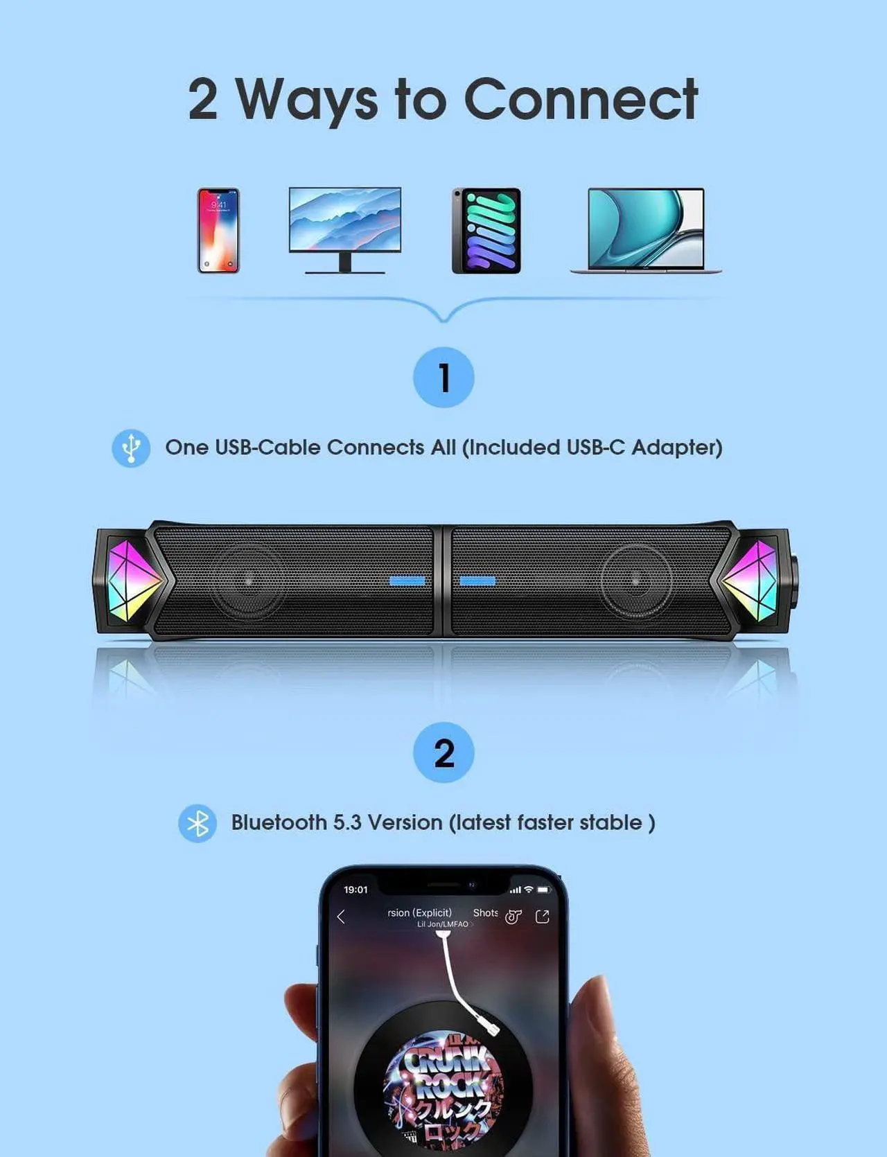 Alt view image 6 of 7 - Computer Speakers, Bluetooth Computer Sound Bar, Dual HiFi Stereo & Gradient RGB Lighting Laptop Soundbar, USB Powered Speakers for Desktop, Monitors, Phone, PC, Laptop(Include C Adapter)