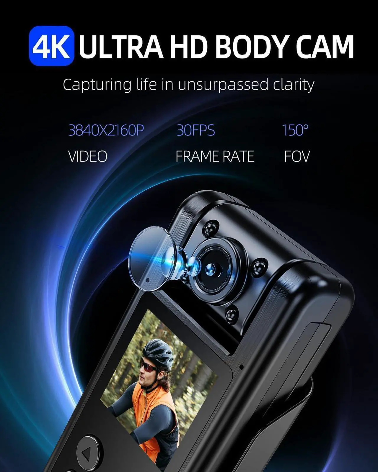 Alt view image 2 of 7 - 4K WiFi Body Camera with 64G Memory Card, Portable Body Worn Cam with 180° Rotatable Lens, Night Vision, 2000mAh Battery for Daily Records, Delivery/Serving Jobs