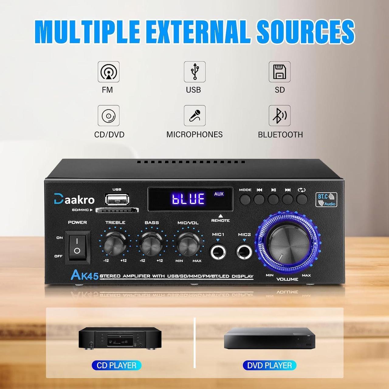 Alt view image 2 of 7 - Daakro AK45 Stereo Audio Amplifier,300W Home 2 Channel Wireless Bluetooth 5.0 Power Amplifier System, Home Amplifiers FM Radio, USB, SD Card, with Remote Control Home Theater Audio Stereo System