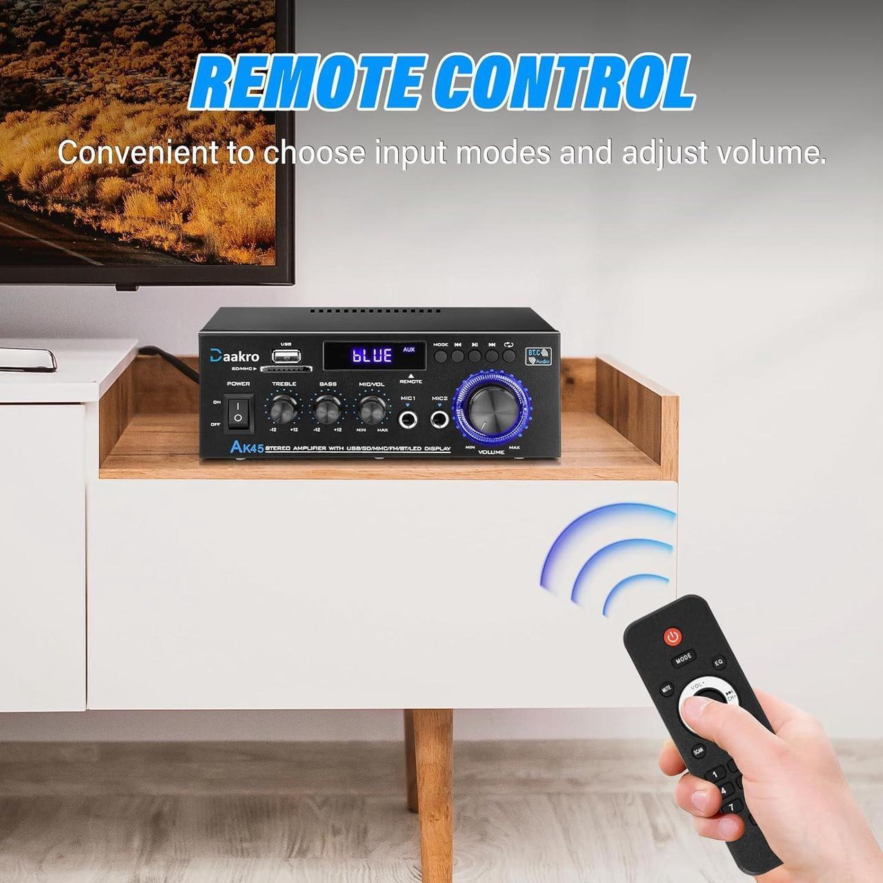 Alt view image 5 of 7 - Daakro AK45 Stereo Audio Amplifier,300W Home 2 Channel Wireless Bluetooth 5.0 Power Amplifier System, Home Amplifiers FM Radio, USB, SD Card, with Remote Control Home Theater Audio Stereo System