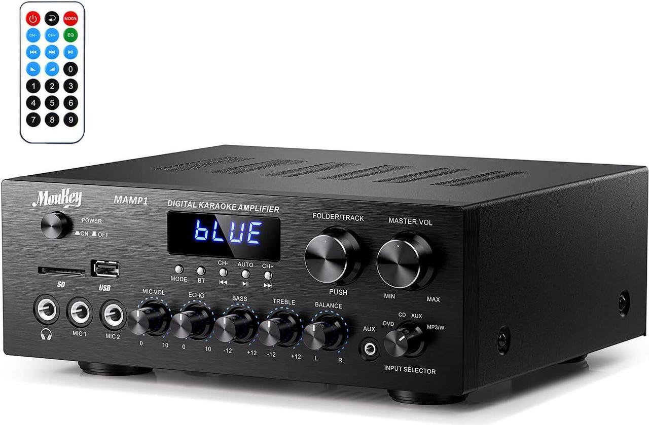 Main image of Home Audio Amplifier Stereo Receivers with Bluetooth 5.0, 400W 2.0 Channel Power Amplifier Stereo System w/USB, SD, AUX, RCA, MIC in w/Echo, LED for Karaoke, Home Theater Speakers - MAMP1