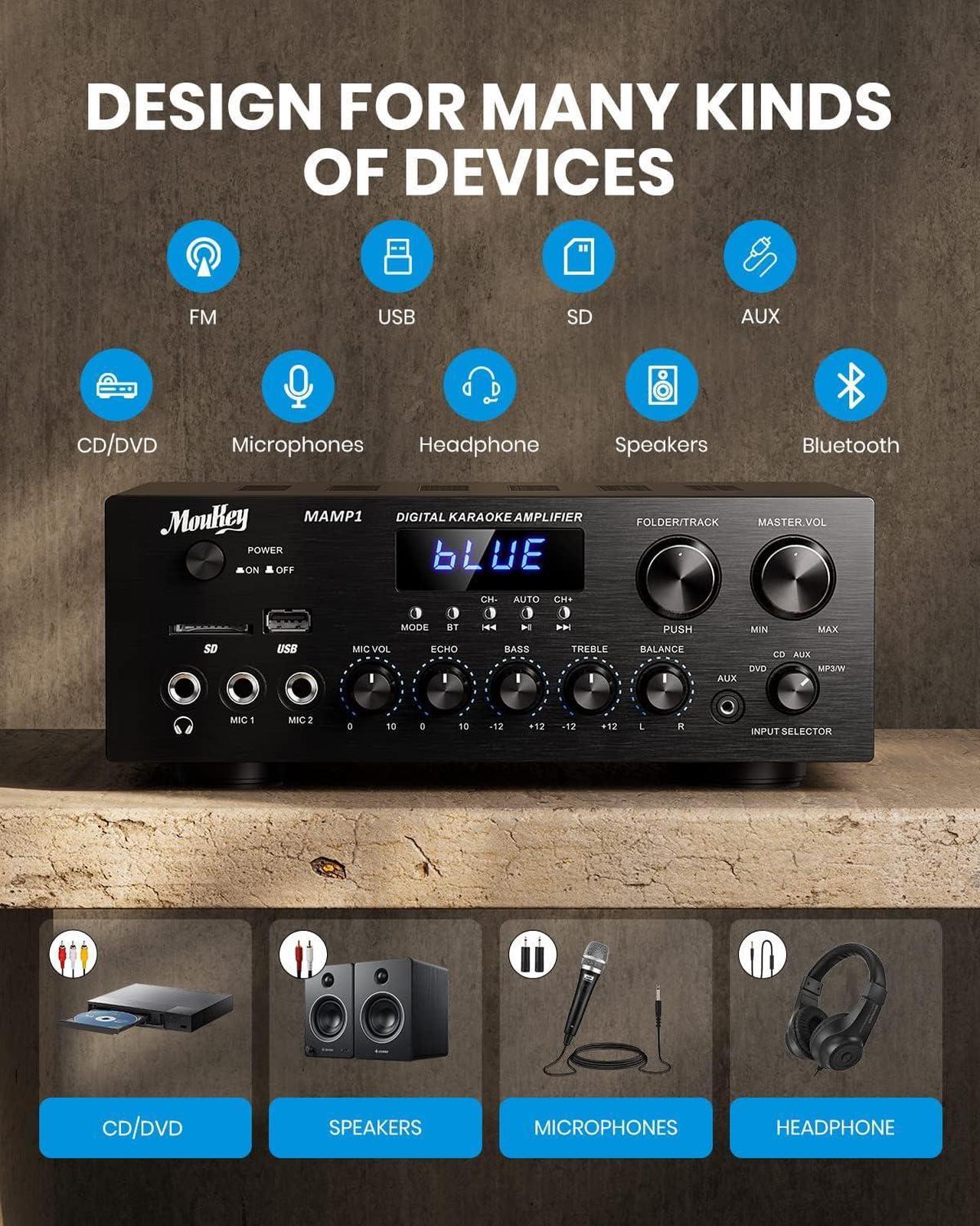 Alt view image 2 of 7 - Home Audio Amplifier Stereo Receivers with Bluetooth 5.0, 400W 2.0 Channel Power Amplifier Stereo System w/USB, SD, AUX, RCA, MIC in w/Echo, LED for Karaoke, Home Theater Speakers - MAMP1