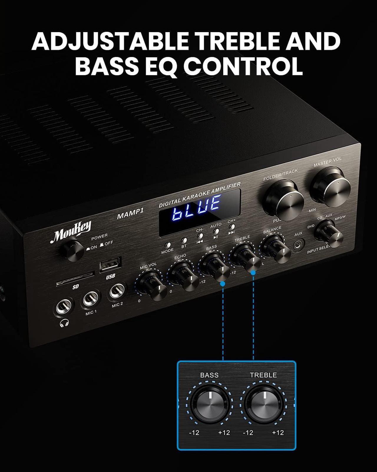 Alt view image 3 of 7 - Home Audio Amplifier Stereo Receivers with Bluetooth 5.0, 400W 2.0 Channel Power Amplifier Stereo System w/USB, SD, AUX, RCA, MIC in w/Echo, LED for Karaoke, Home Theater Speakers - MAMP1