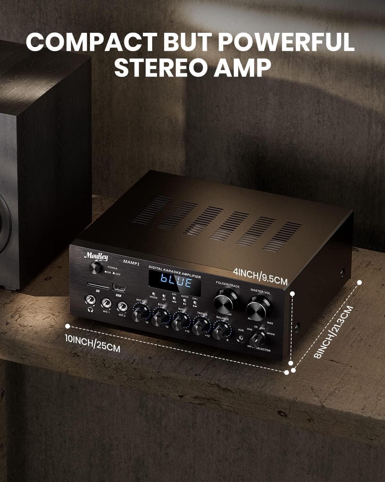 Alt view image 5 of 7 - Home Audio Amplifier Stereo Receivers with Bluetooth 5.0, 400W 2.0 Channel Power Amplifier Stereo System w/USB, SD, AUX, RCA, MIC in w/Echo, LED for Karaoke, Home Theater Speakers - MAMP1