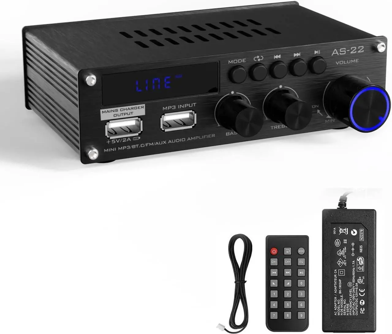 Main image of Sunbuck Mini Amplifier, Stereo Receivers for Home Stereo System, 2 Channel Stereo Amplifier with RCA/USB/FM, Bluetooth Receiver Amplifier, Home Theater 300Wx2, Mini Amplifier for Speakers, AS-22BU