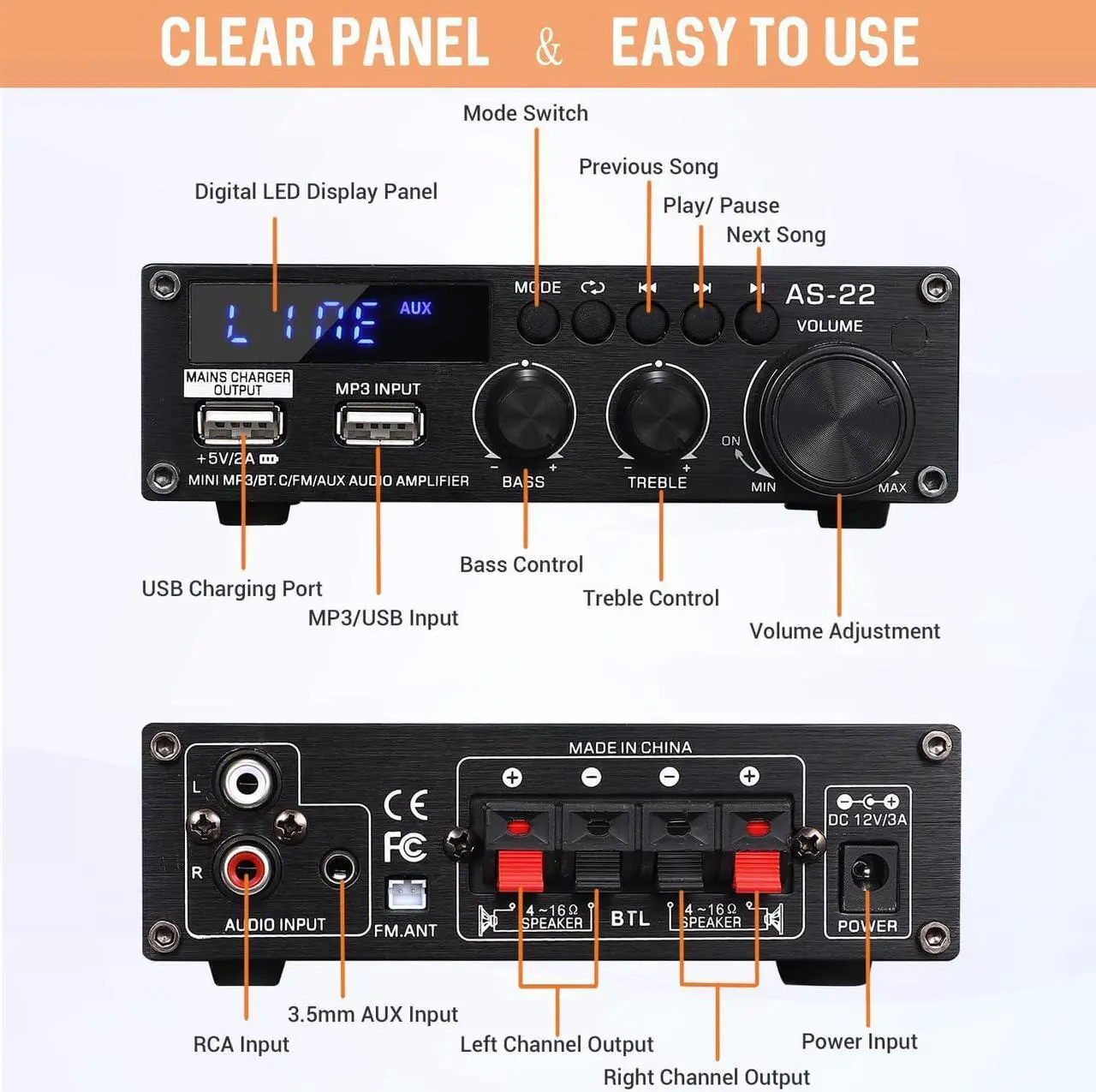 Alt view image 2 of 7 - Sunbuck Mini Amplifier, Stereo Receivers for Home Stereo System, 2 Channel Stereo Amplifier with RCA/USB/FM, Bluetooth Receiver Amplifier, Home Theater 300Wx2, Mini Amplifier for Speakers, AS-22BU