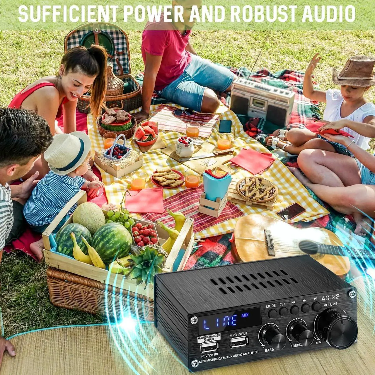 Alt view image 7 of 7 - Sunbuck Mini Amplifier, Stereo Receivers for Home Stereo System, 2 Channel Stereo Amplifier with RCA/USB/FM, Bluetooth Receiver Amplifier, Home Theater 300Wx2, Mini Amplifier for Speakers, AS-22BU