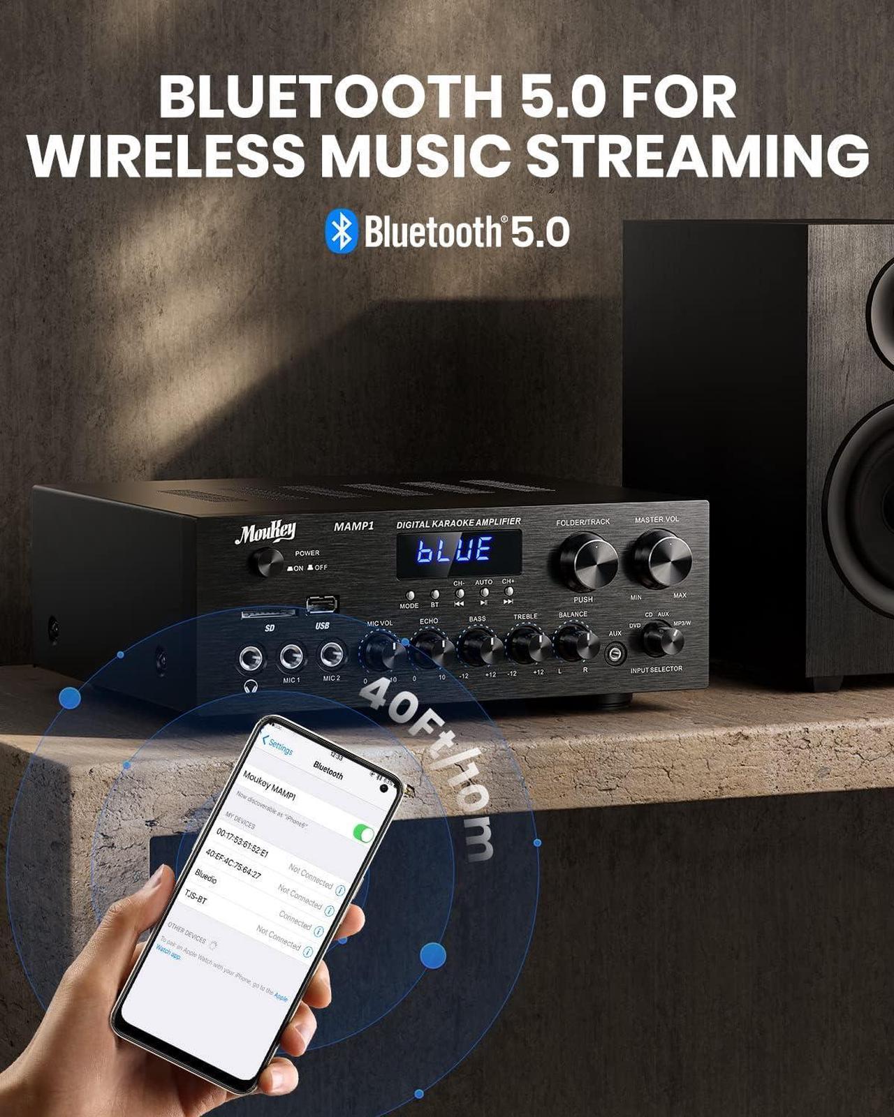 Alt view image 4 of 7 - Home Audio Amplifier Stereo Receivers with Bluetooth 5.0, 400W 2.0 Channel Power Amplifier Stereo System w/USB, SD, AUX, RCA, MIC in w/Echo, LED for Karaoke, Home Theater Speakers - MAMP1