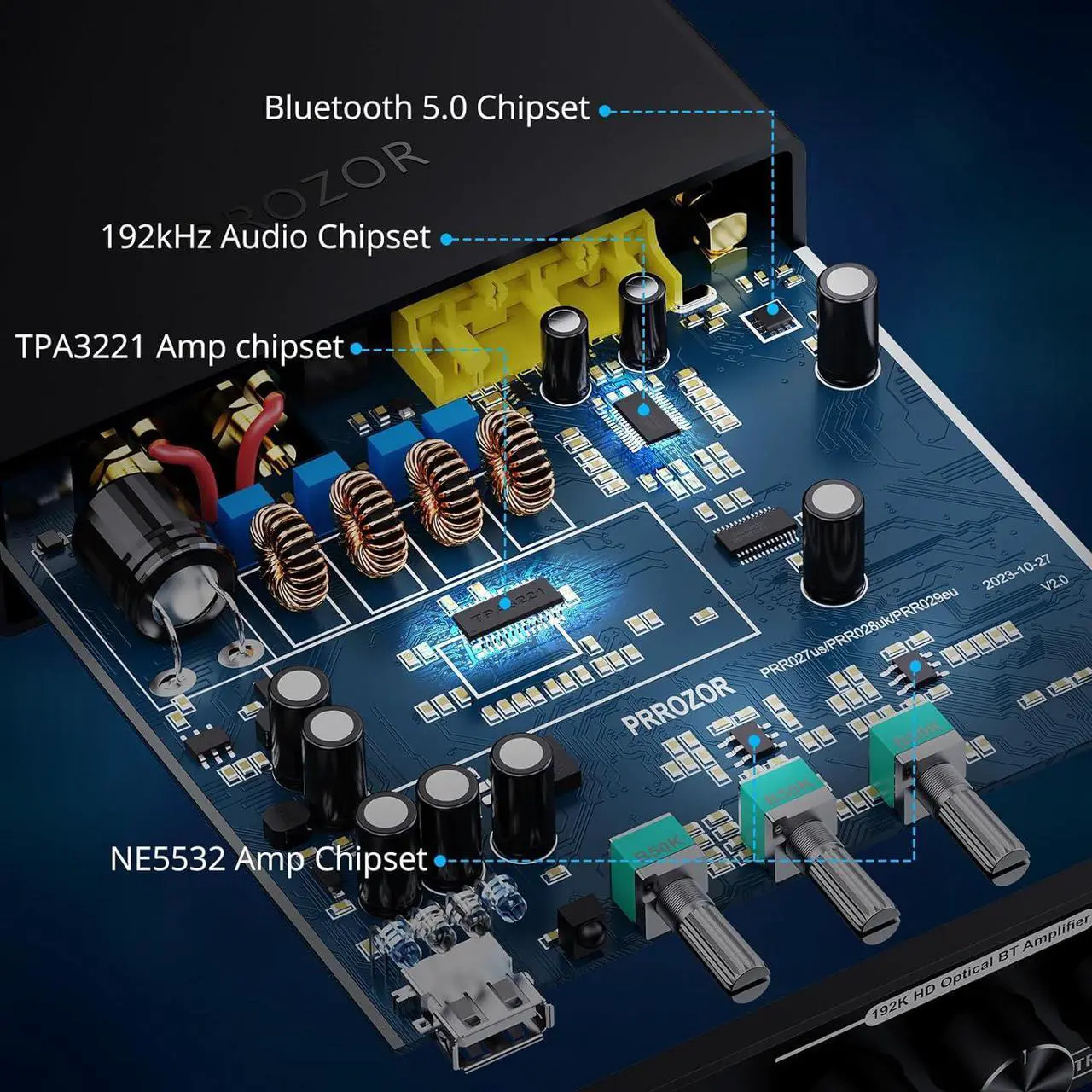 Alt view image 2 of 7 - 192kHz/24bit Digital Stereo Audio Amplifier, Hi-Fi Bluetooth Power Amplifier DAC 2 Channel Home Audio Amplifier with IR Remote Control for Passive Speakers 100W + 100W