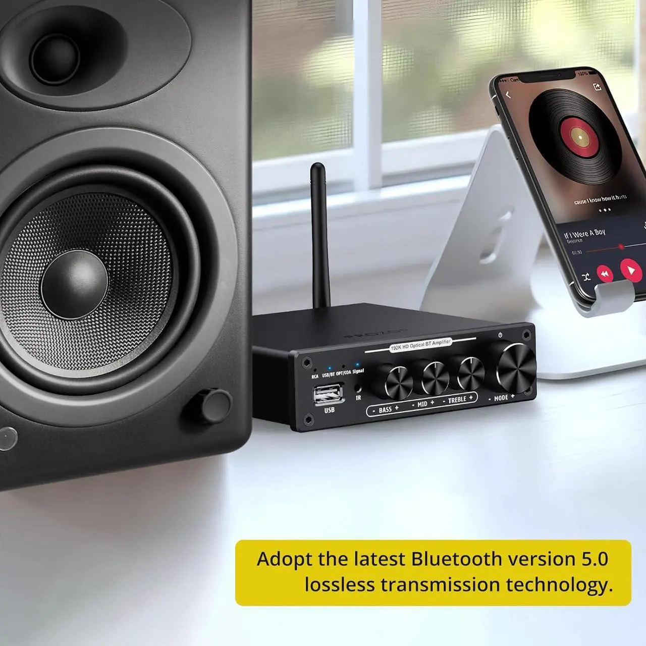 Alt view image 3 of 7 - 192kHz/24bit Digital Stereo Audio Amplifier, Hi-Fi Bluetooth Power Amplifier DAC 2 Channel Home Audio Amplifier with IR Remote Control for Passive Speakers 100W + 100W