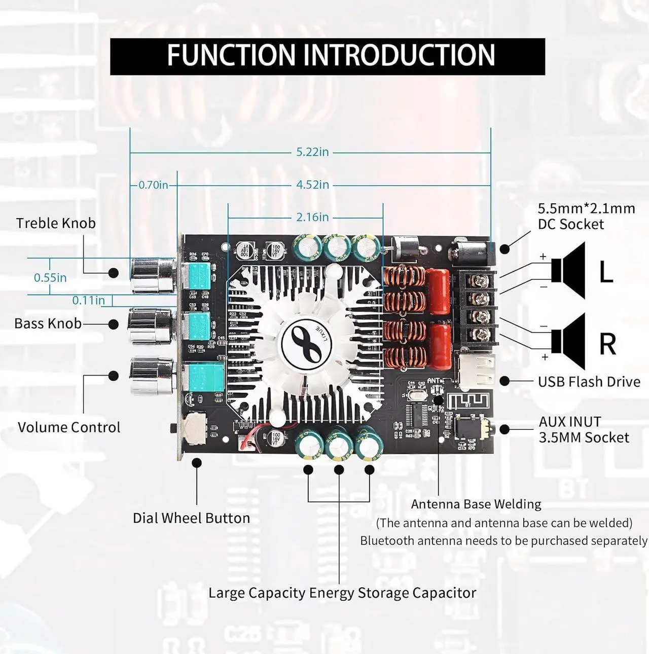 Alt view image 2 of 6 - 320W Power Amplifier Board with Subwoofer 2.0 Channel 160W×2, 15V-36V Audio Power Amplifier Module with Treble and Bass Control,Black (ZK-1602T)