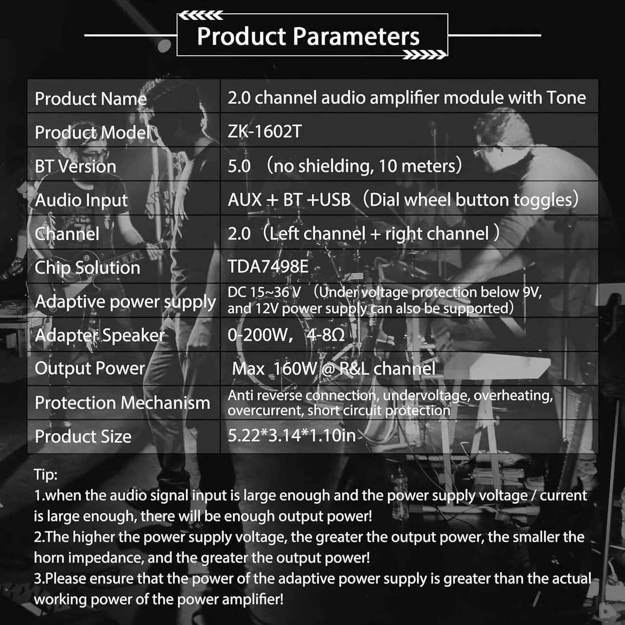 Alt view image 5 of 6 - 320W Power Amplifier Board with Subwoofer 2.0 Channel 160W×2, 15V-36V Audio Power Amplifier Module with Treble and Bass Control,Black (ZK-1602T)
