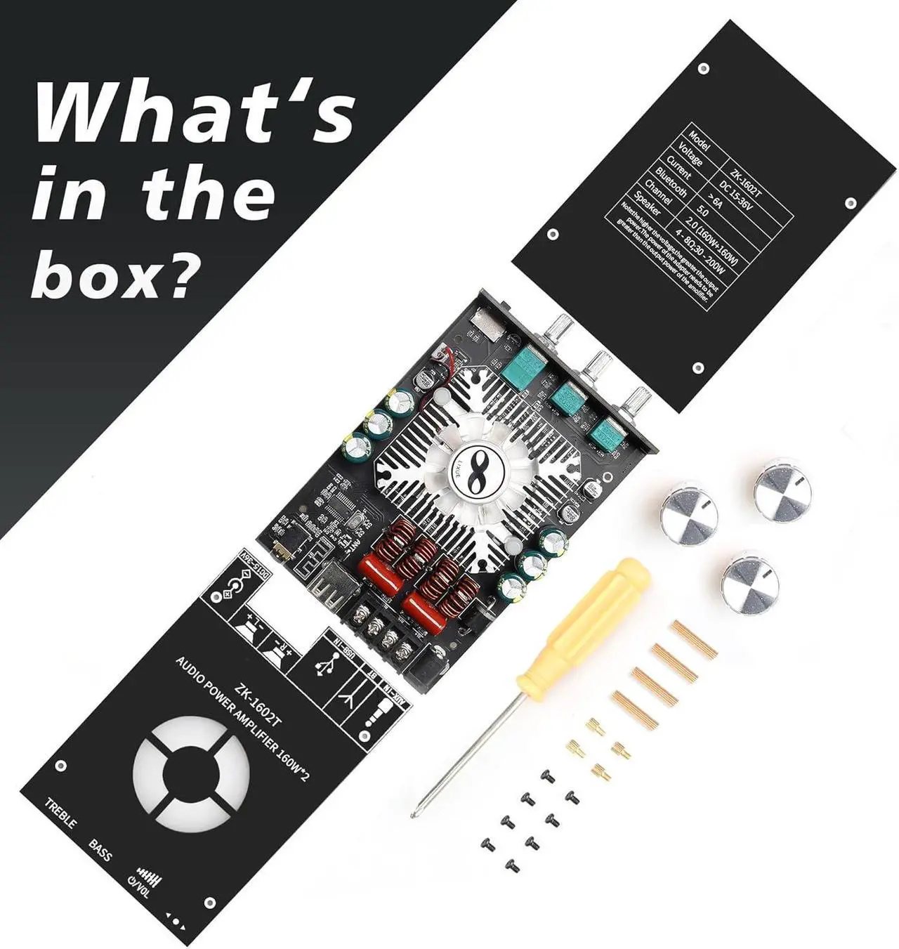 Alt view image 6 of 6 - 320W Power Amplifier Board with Subwoofer 2.0 Channel 160W×2, 15V-36V Audio Power Amplifier Module with Treble and Bass Control,Black (ZK-1602T)