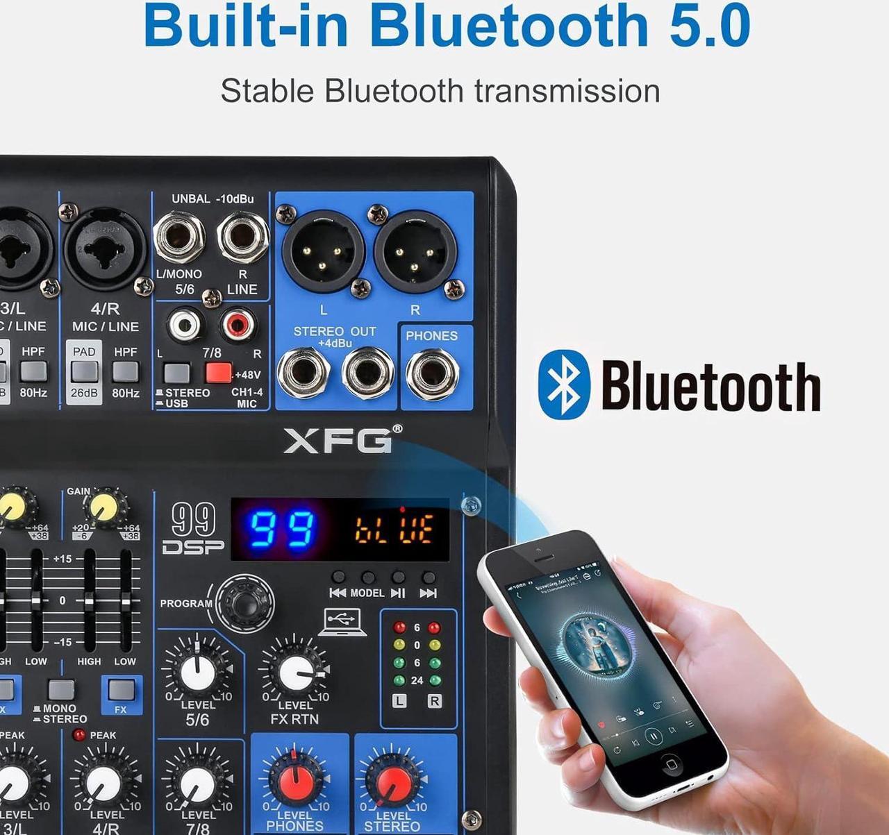 Alt view image 2 of 7 - Dj Mixers 8 Channel Audio Mixer Sound Board with Bluetooth, Usb Audio Interface with Sound Card Recording and 48V Phantom Power Sounds Mixer Board with 99 DSP FX Reverb Delay Effect for Streaming