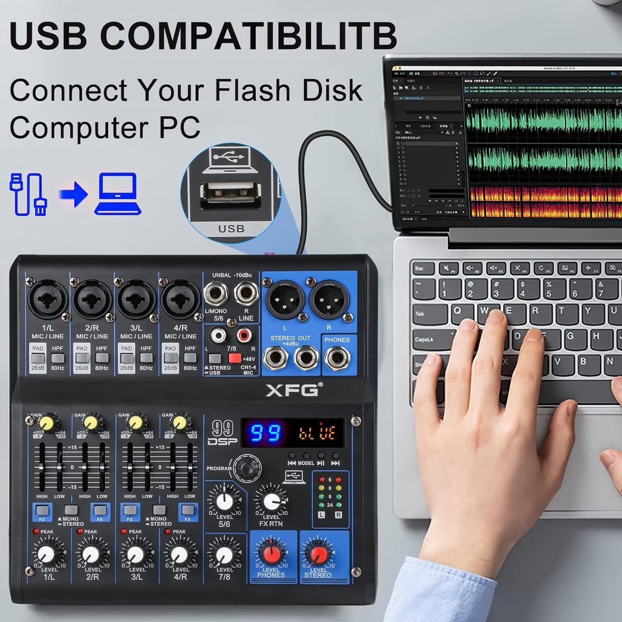 Alt view image 4 of 7 - Dj Mixers 8 Channel Audio Mixer Sound Board with Bluetooth, Usb Audio Interface with Sound Card Recording and 48V Phantom Power Sounds Mixer Board with 99 DSP FX Reverb Delay Effect for Streaming
