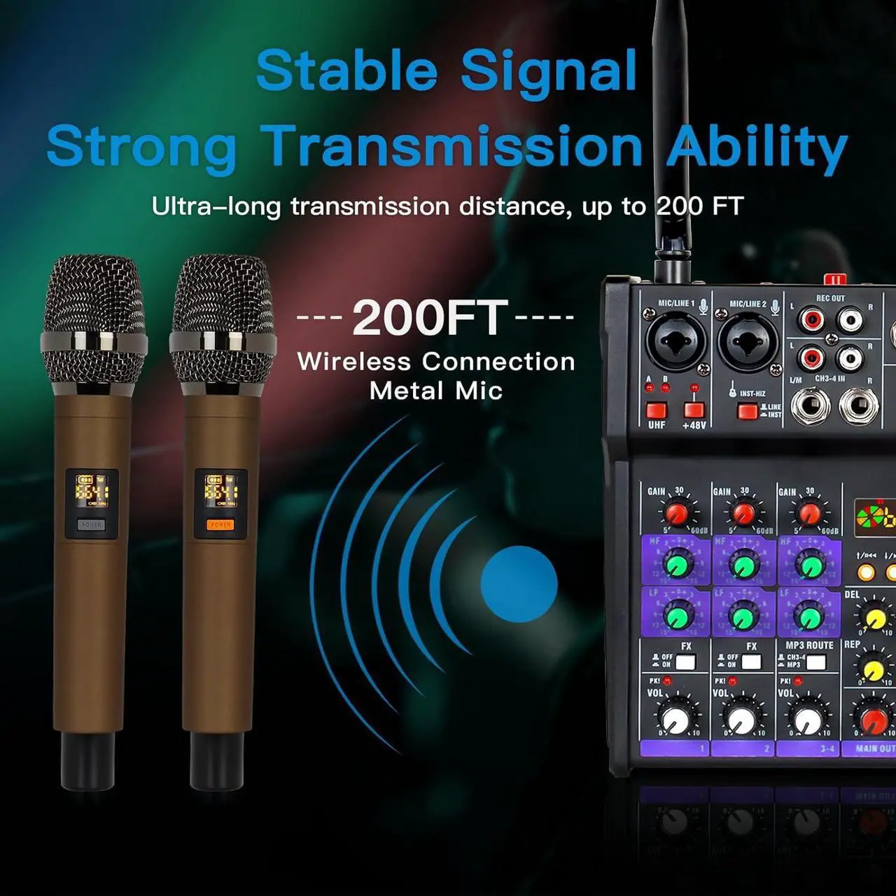 Alt view image 7 of 7 - Audio Mixer 4 Channel DJ Mixer with Dual Wireless Microphone Sound Board Console MP3 Bluetooth 48V Phantom Power USB Interface for Home Karaoke Studio Recording