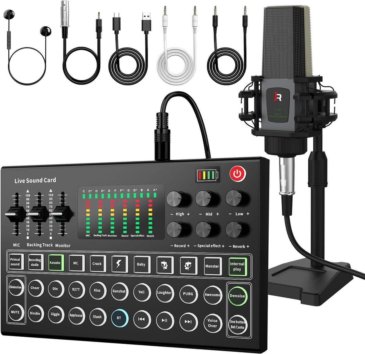 Main image of RHM Podcast Equipment Bundle, All-in-One Audio Interface DJ Mixer with Microphone, Stand, Monitor Earphone, Audio Mixer With Sound card for PC/Laptop/Phone, Streaming/Podcasting/Gaming