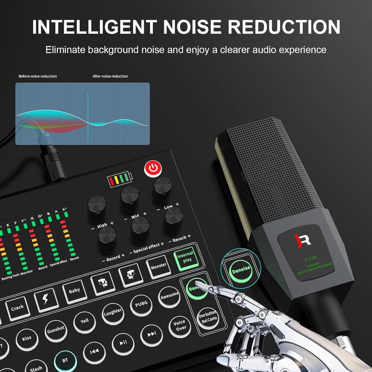 Alt view image 3 of 7 - RHM Podcast Equipment Bundle, All-in-One Audio Interface DJ Mixer with Microphone, Stand, Monitor Earphone, Audio Mixer With Sound card for PC/Laptop/Phone, Streaming/Podcasting/Gaming