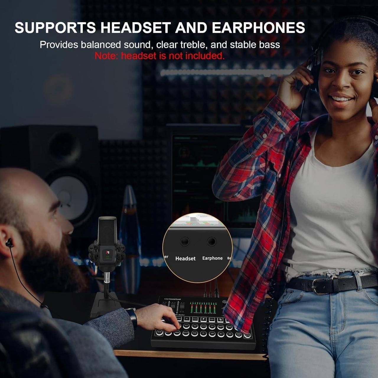 Alt view image 6 of 7 - RHM Podcast Equipment Bundle, All-in-One Audio Interface DJ Mixer with Microphone, Stand, Monitor Earphone, Audio Mixer With Sound card for PC/Laptop/Phone, Streaming/Podcasting/Gaming