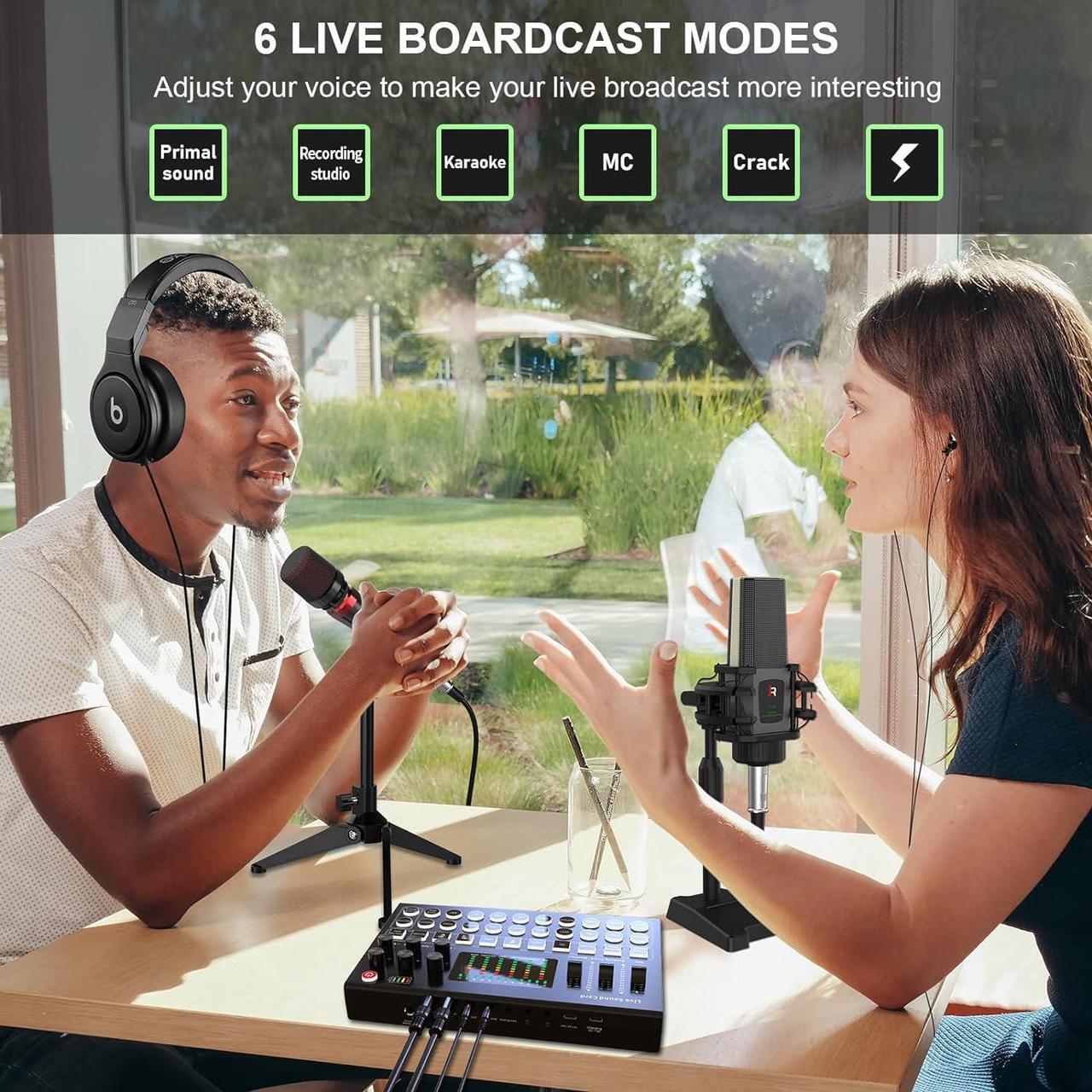 Alt view image 7 of 7 - RHM Podcast Equipment Bundle, All-in-One Audio Interface DJ Mixer with Microphone, Stand, Monitor Earphone, Audio Mixer With Sound card for PC/Laptop/Phone, Streaming/Podcasting/Gaming