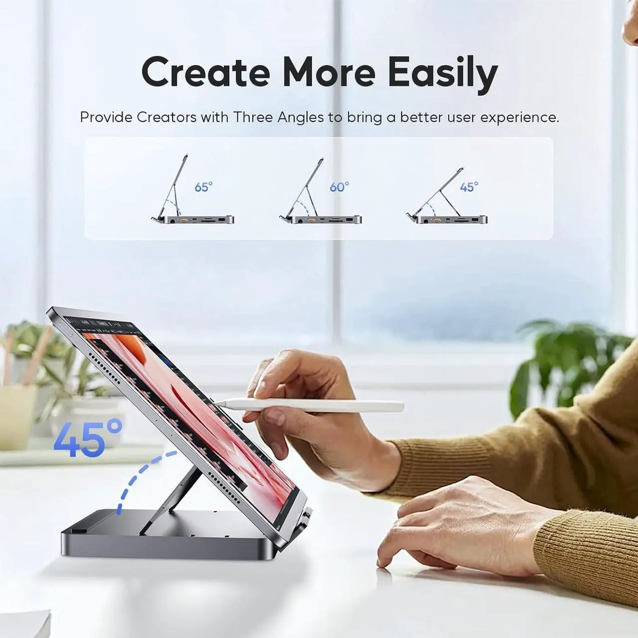 Alt view image 7 of 7 - USB C Hub for iPad Pro, PULWTOP Docking Station for iPad M4, 4K@60Hz HDMI, 100W PD Aluminum Hub with SSD Enclosure, Stand Dock for i-Pad Mini 6th Gen, No Support Lightning Port
