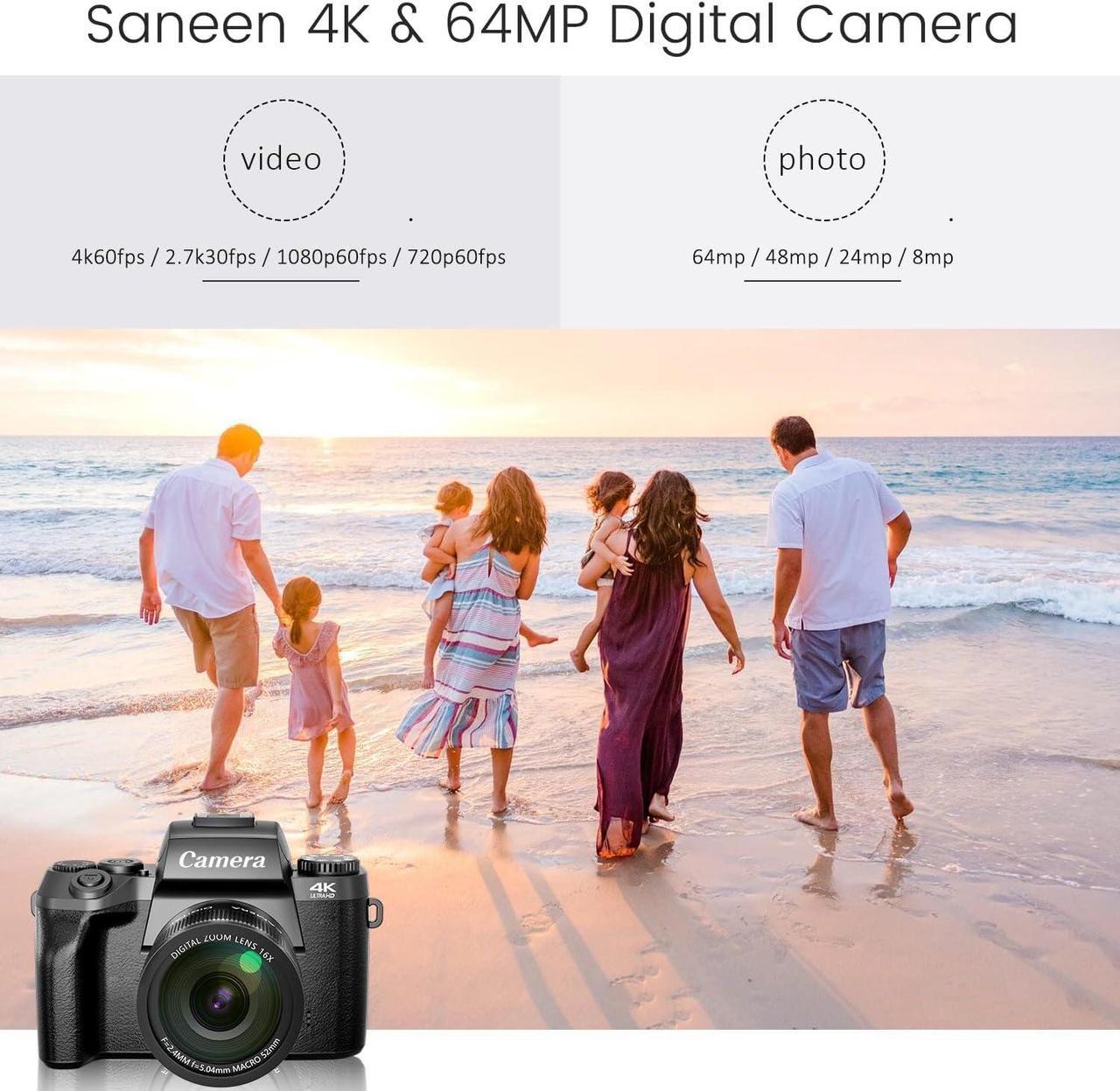 Alt view image 2 of 7 - Saneen Digital Camera, 4k Cameras for Photography & Video, 64MP WiFi Touch Screen Vlogging Camera for YouTube with Flash, 32GB SD Card, Lens Hood, 3000mAH Battery, Front and Rear Cameras - Black