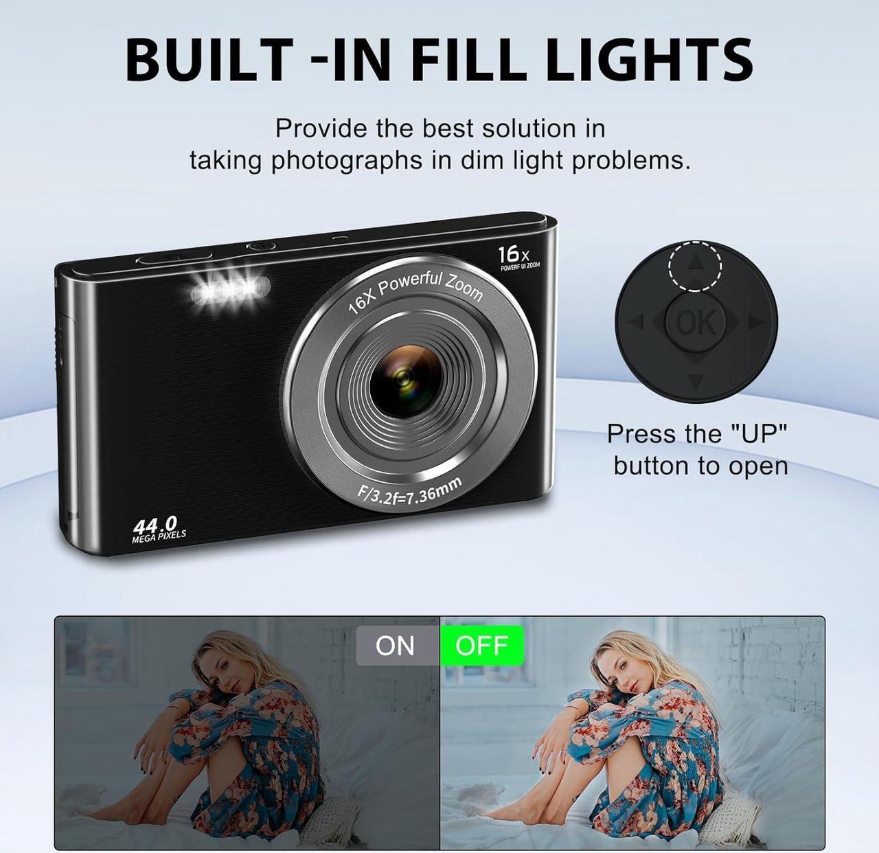 Alt view image 5 of 7 - Digital Camera Cheap, UIKICON 4K 44MP Kids Camera with 32GB SD Card, 2.4 Inch Point and Shoot Camera with 16X Digital Zoom, Compact Camera for Kids Teens Boys Girls Adults Seniors(X3-Black1)