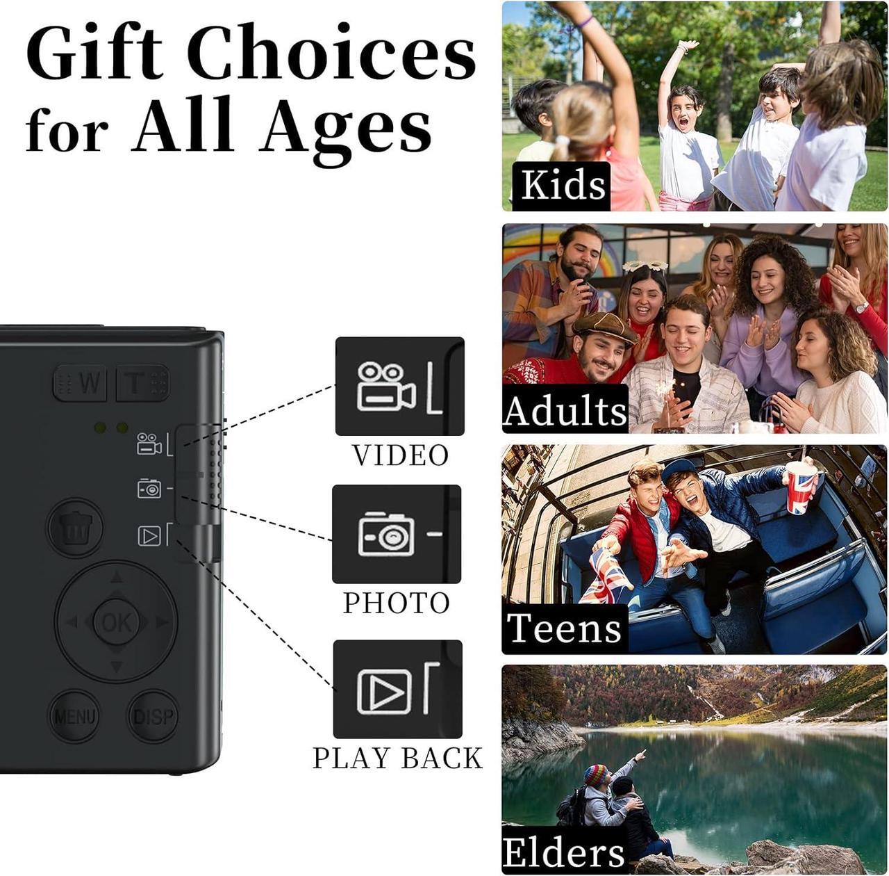 Alt view image 6 of 7 - Digital Camera Cheap, UIKICON 4K 44MP Kids Camera with 32GB SD Card, 2.4 Inch Point and Shoot Camera with 16X Digital Zoom, Compact Camera for Kids Teens Boys Girls Adults Seniors(X3-Black1)
